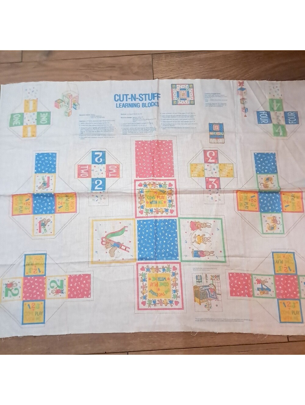 Vintage Wamsutta Craft Fabric Panel Cut-N-Stuff Learning Blocks baby pastel